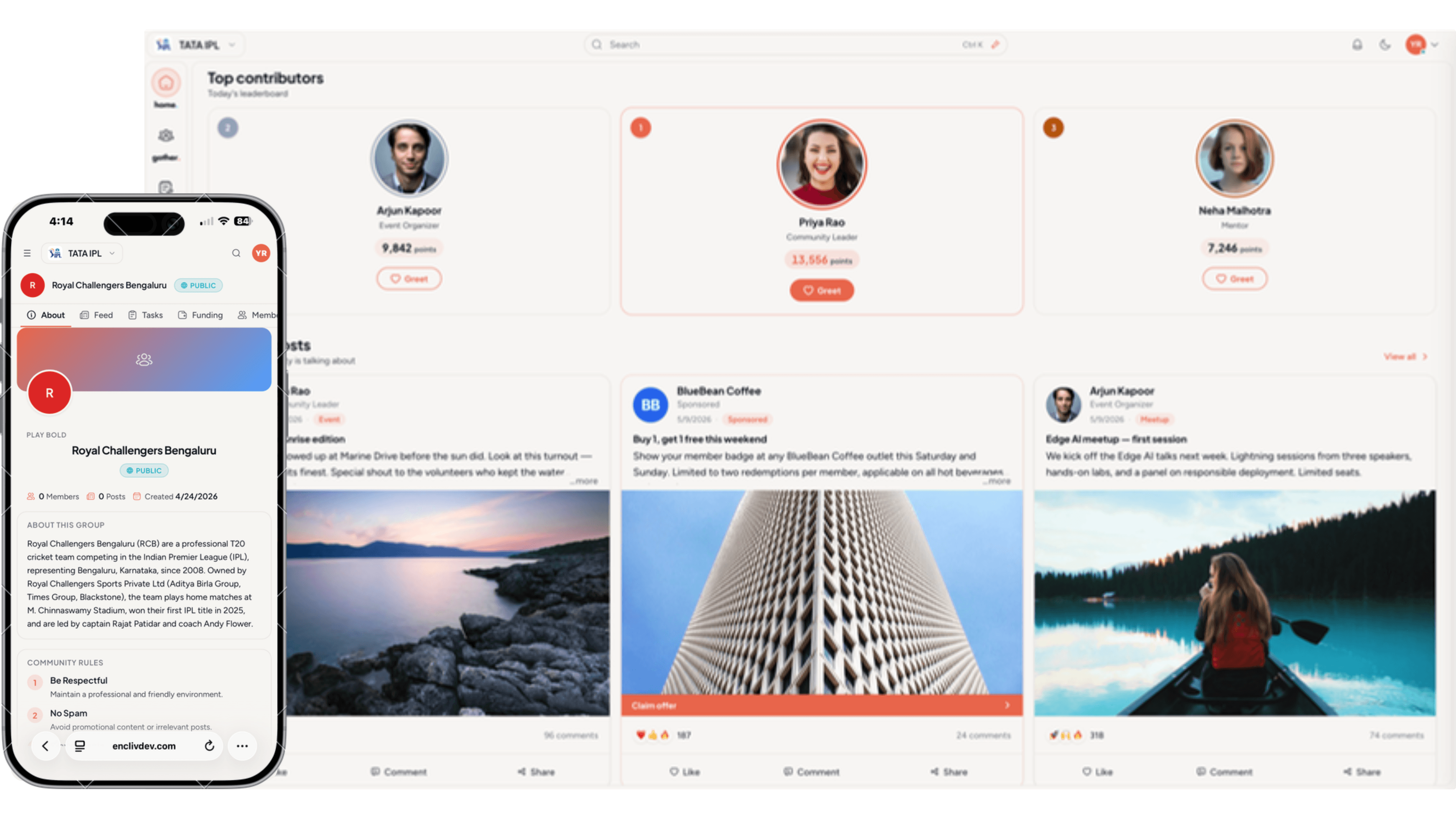 Enclira platform preview — a private community space with members, events, and announcements